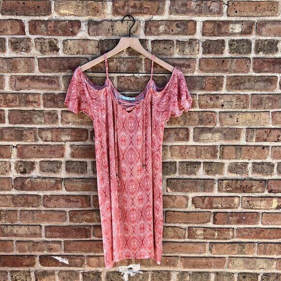 Burnt Orange Boho Cold Shoulder Tie Front Mini Dress - Picture 1 of 5